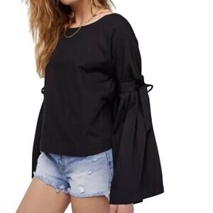 FREE PEOPLE Women’s Bow Tie Bell Sleeve So Obviously Yours Black Top